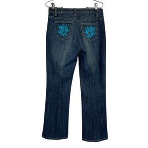 Baccini Jeans Boot Cut Mid-Rise Blue Denim Stretch Embellished Pockets Size 4P